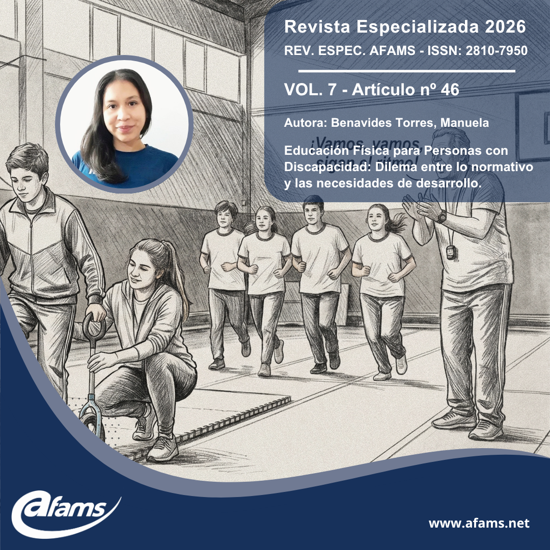 Portada de revista con ilustración de estudiantes en gimnasio y foto circular de autora, texto editorial.