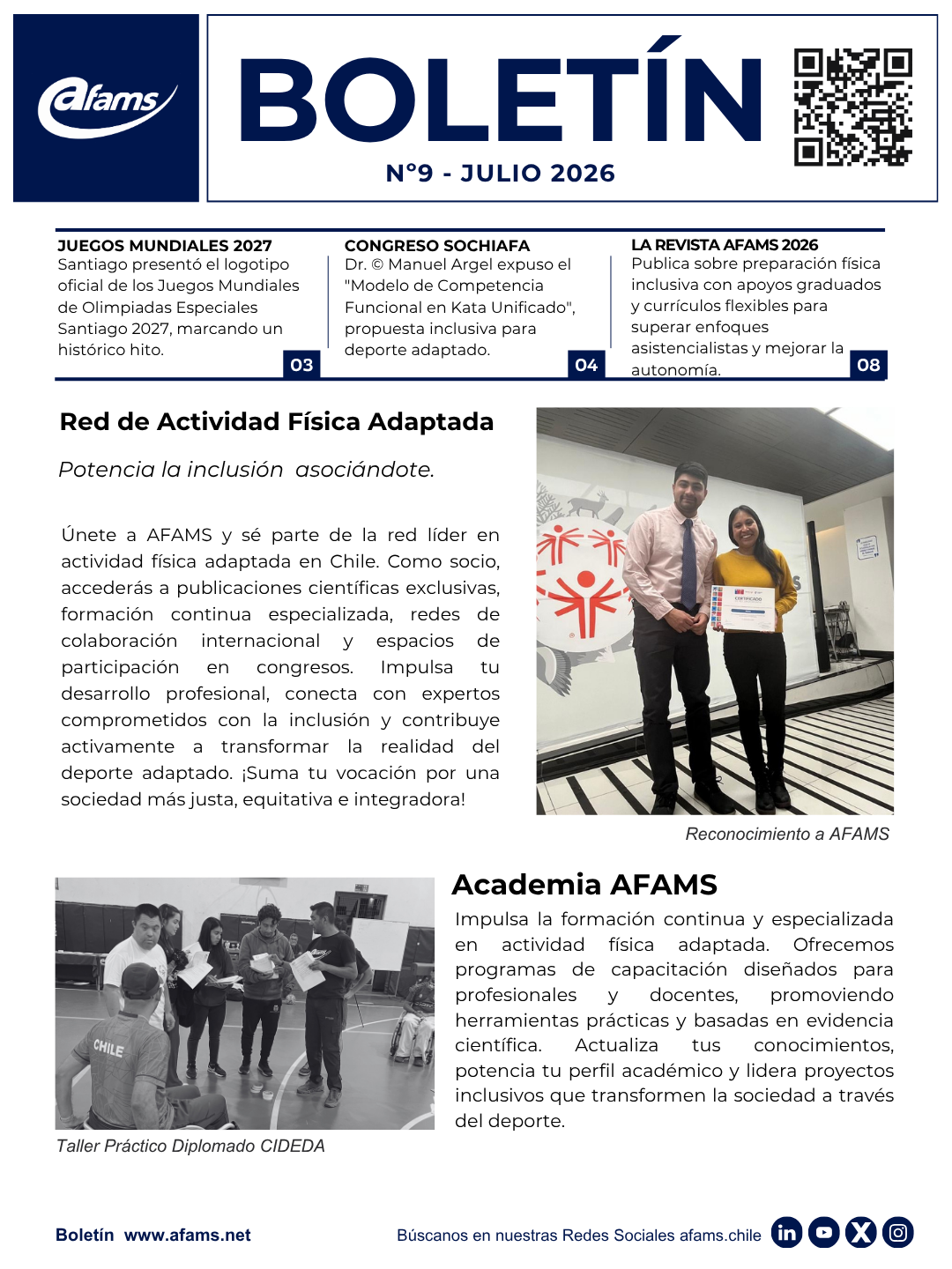 Boletín AFAMS con portada “BOLETÍN N°9 - JULIO 2026”, secciones y fotos de reconocimiento y taller.