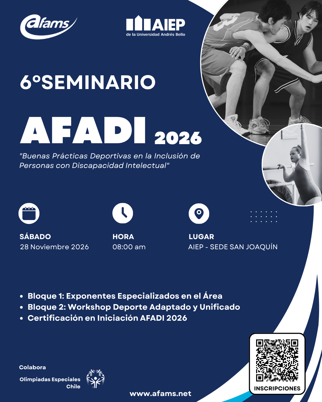 Afiche azul del 6° seminario AFADI 2026 con fotos deportivas y QR de inscripciones.